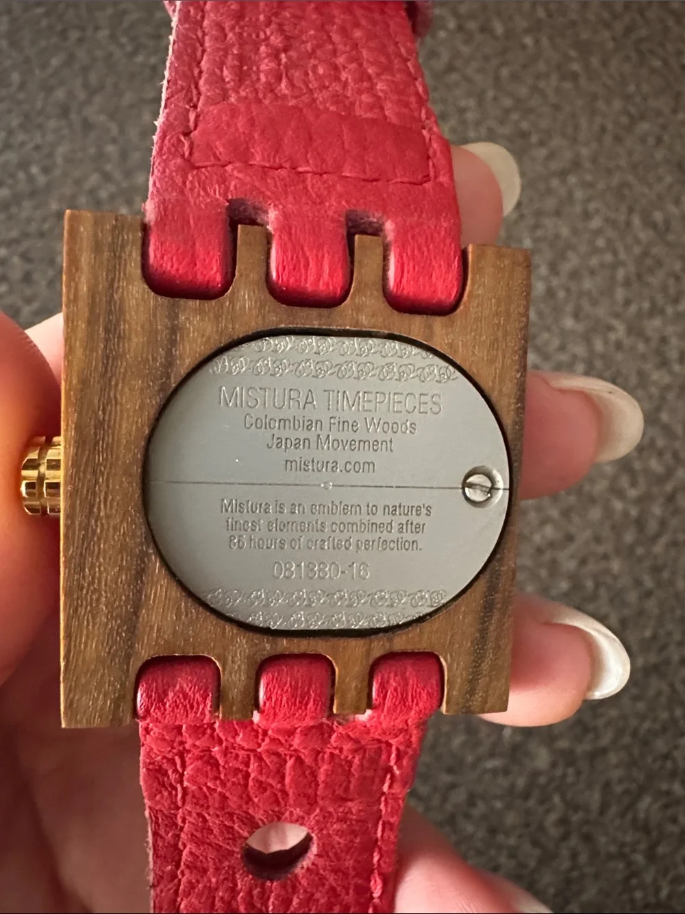 Red Leather Strap Women's Wood Case Watch